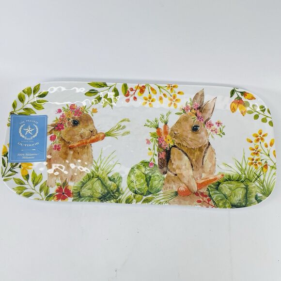 The Prairie Bunny Rabbit Floral MELAMINE Sandwich Apps Tray Rachel Ashwell 14in - Picture 1 of 8